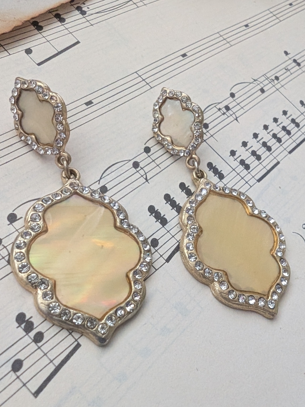 Gold-Tone Cream Mother-of-Pearl Drop Earrings with Crystal Accents